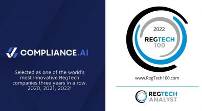 Compliance.ai recognized as one of the world's most innovative companies on RegTech100 three years in a row.